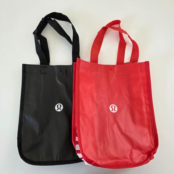 Lululemon Reusable Tote Bags Set of 2 Red and Black Snap Closure - Picture 2 of 8